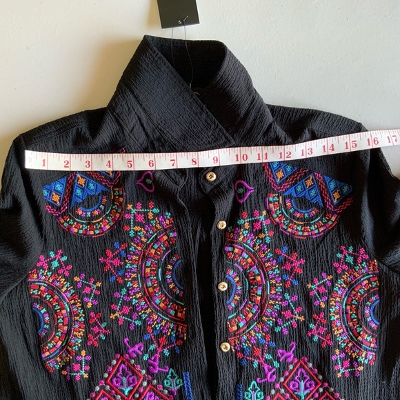 Calessa Black Multicolor Bohemian long sleeve embroidered button down shirt S - Picture 13 of 16